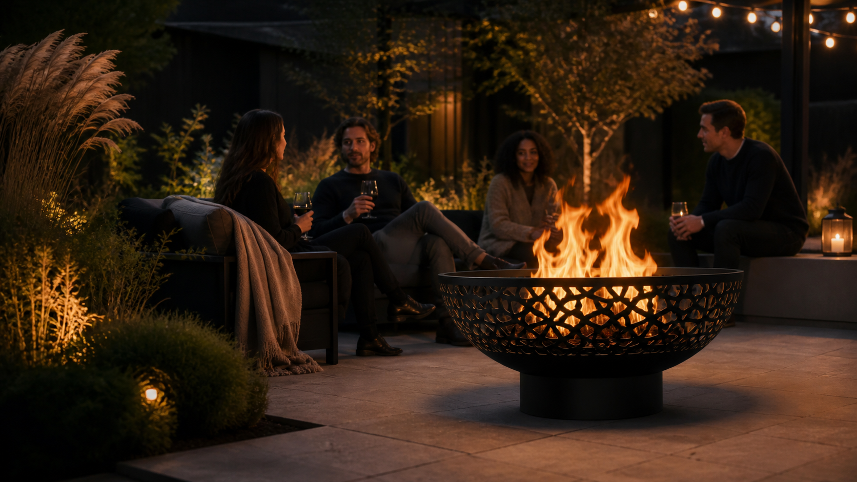 Evening around a garden fire pit