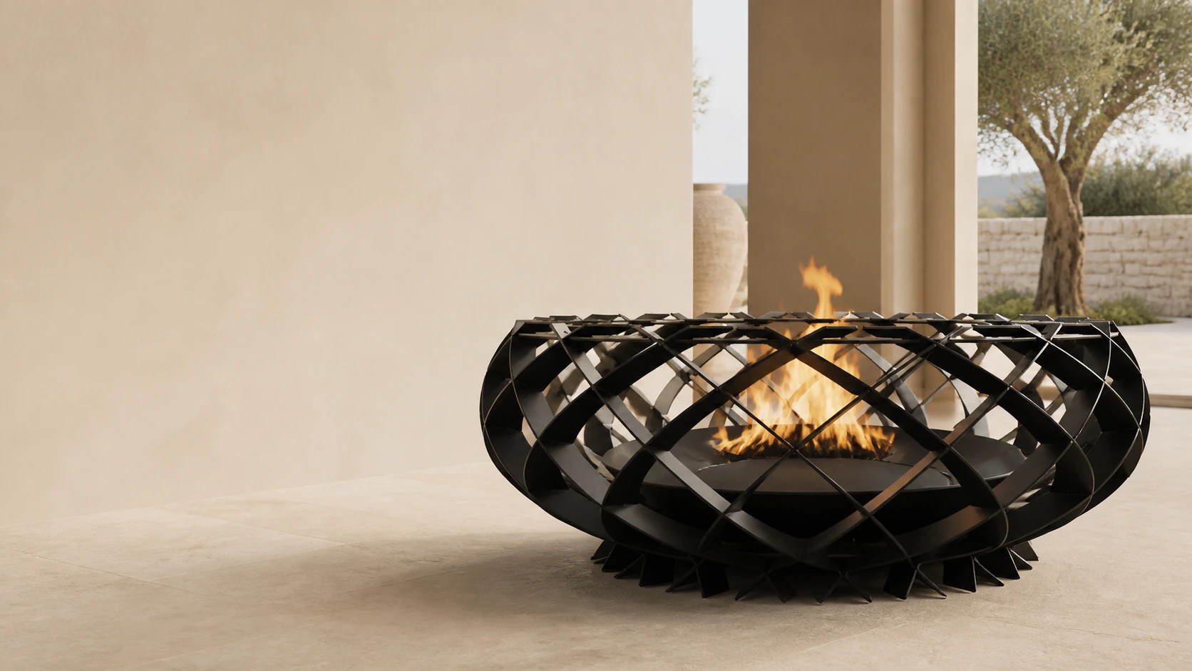 NEST garden fire pit burning in a bright architectural setting