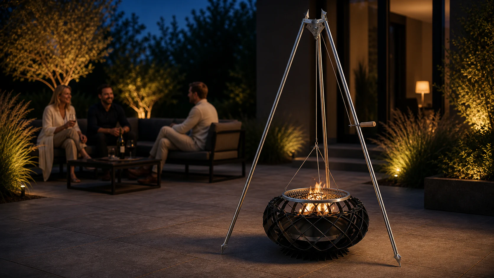 MiFIRE NEST ready set with grill tripod on an illuminated evening terrace